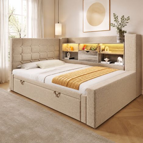 Cama nido 90x200 cm beige en lino y metal con LED, puertos USB y almacenaje (1/5)