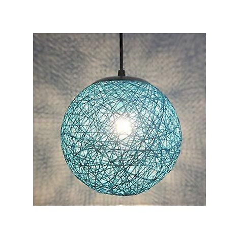 Bleu Rtro Suspension Luminaire en Rotin Globe Rond 15cm , Lustre Abat-jour DIY Lampe Plafond E27 pour Salon Restaurant Centre commercial Bar