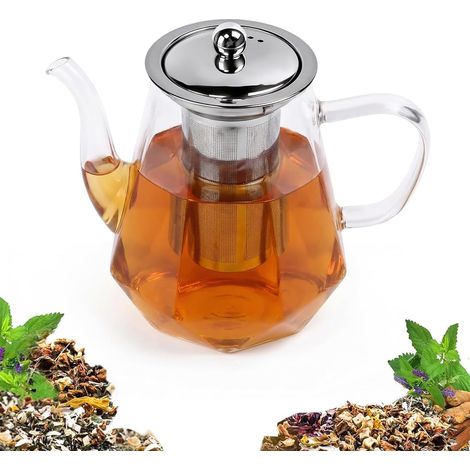 Théière en verre 1,2 l avec filtre pour séparation de l'eau et du thé, résistante à la chaleur, passoire amovible en acier inoxydable, théière infusions pour thé en vrac, fleurs ou fruits (1/5)