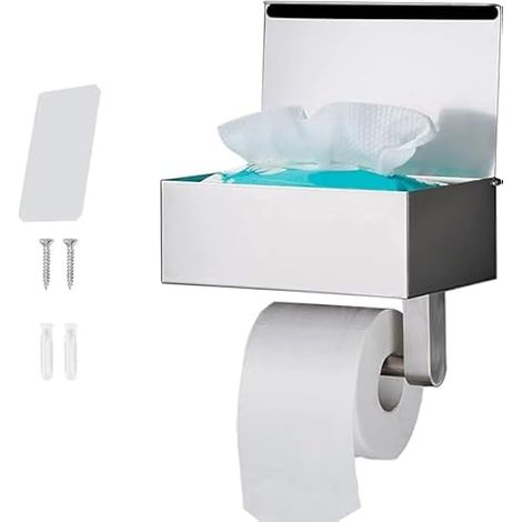 Toilettenpapierhalter Ohne Bohren - SUS304 Edelstahl Silber Klopapierhalter mit Ablage - Toilettenpapierhalter Mit Feuchttücherbox - WC Papier Halterung für Küche und Badzimmer(Großformat) (1/5)