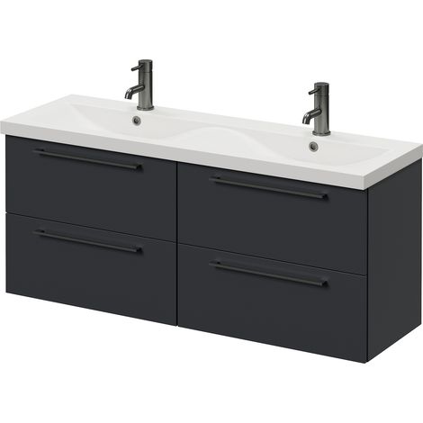Napoli 390 Gloss Grey 1200mm Wall Mounted 4 Drawer Vanity Unit with Double Glide Basins - 1200mm - Gunmetal Grey 320mm Handle