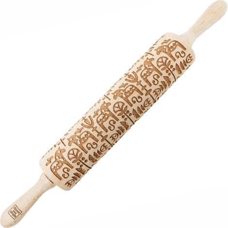 Mattarello in legno MoodForWood, inciso, 43 cm con manici, perfetto per la cottura al forno - Motivo Dala (1/5)