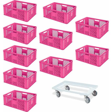 BRB Lot de 10 bacs Euro 600 x 400 x 240 mm (L x l x H) - Convient à un usage alimentaire + 1 chariot de transport (rose/blanc)