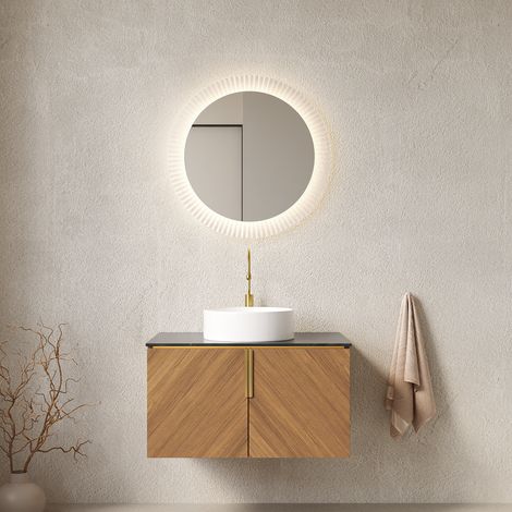 Meuble vasque suspendu 76 cm avec vasque ronde céramique, plan pierre frittée noir et meuble chêne brun 2 portes soft close (1/5)