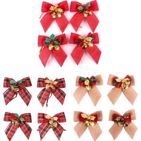 Nœud Papillon De Noël - Avec Clochettes Métalliques Dorées - Pour Arbre À Noël Guirlande Couronne Cadeau - Lot De 12 Pièces (1/5)