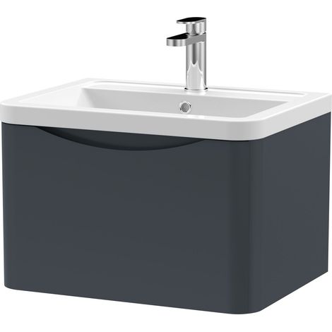 Nuie Lunar Satin Soft Black 600mm Wall Hung Single Drawer Vanity Unit and Ceramic Basin - LUN1405A (1/7)