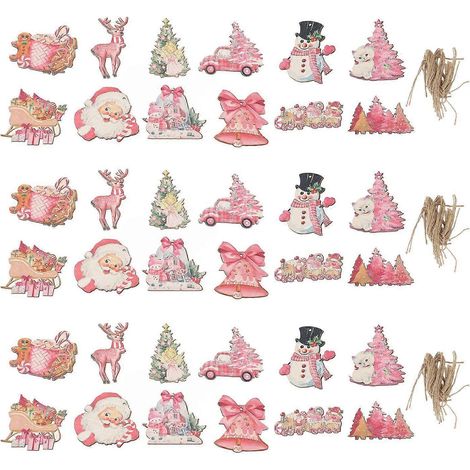 36 décorations de Noël suspendues en bois, représentant le Père Noël et le bonhomme de neige, avec cordelette.