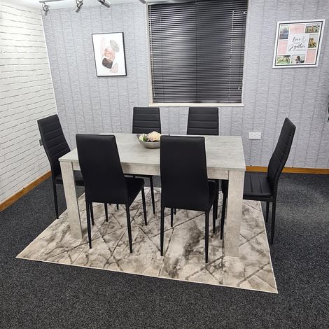 Dining Table and 6 Chairs Stone Grey Effect Wood Table 6 Black Leather Chairs Dining Room (1/5)
