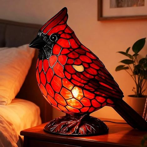 Cardinal Lamp Stained Glass, Resin Red Bird Table Light Lamps, Christmas Bedroom Decor Bird Lamp,RedTHY8210SXY1S-10x8x14cm (1/5)