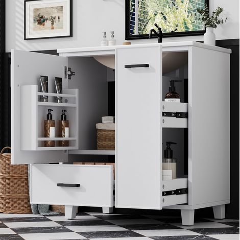 76,5 x 47 x 82 cm, bodenstehender Waschtischunterschrank, lackierte Oberfläche, seitlicher Auszug mit zwei Ebenen, integriertes Keramikwaschbecken, Ablagefach an der Türinnenseite, Weiß. (1/5)