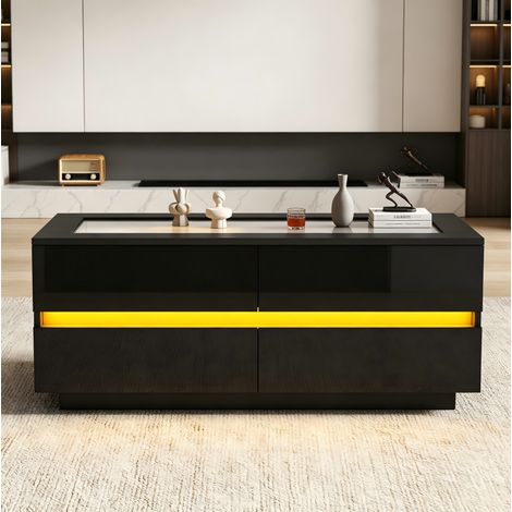 Mesa de centro de tablero de partículas, 100x50x40 cm, negra, con 4 cajones y LED (1/5)