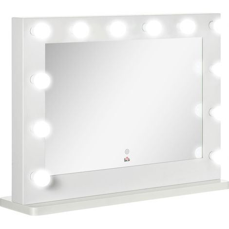 Miroir de maquillage lumineux style Hollywood avec interrupteur tactile, doté de 12 LED à intensité variable, 80 x 60 cm, avec fonction mémoire, blanc.
