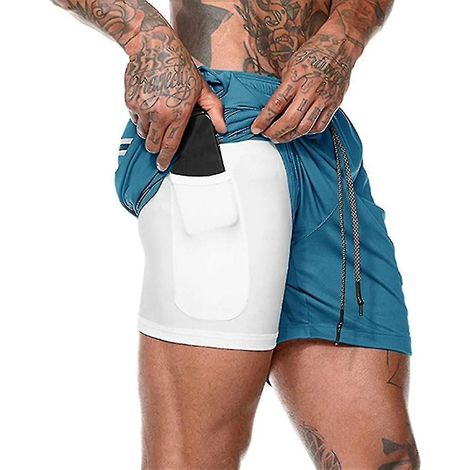 Short de sport 2 en 1 pour homme, idéal pour la course, la salle de sport et l'entraînement. Séchage rapide. Taille XXL. Bleu. (1/5)