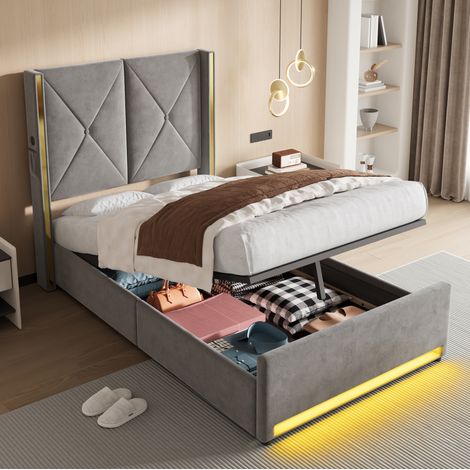 Cama tapizada moderna de terciopelo gris oscuro 90x200 cm con cabecero alto capitoné, USB/Type-C, LED y arcón