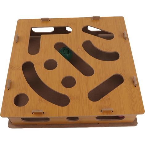 Boîte à jouets interactive pour chats, puzzle et jeu de réflexion, en panneau composite, avec balle et clochette, idéale pour l'exercice mental et physique des chats d'intérieur. (1/5)