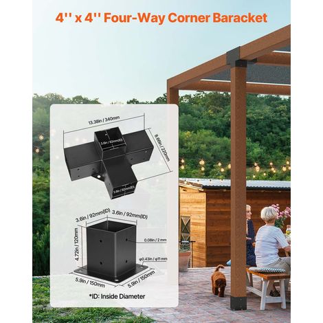 Kit Supports de Pergola, Lot de 4, Support de Poteau Bois 92x92 mm, 2 Supports d'Angle 4 Voies, 2 Bases de Poteaux, Acier au Carbone, pour Poutres Bois Standard, Banquets de Fête en Plein Air (1/5)