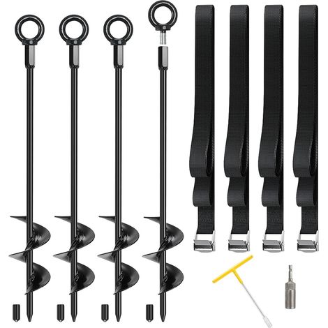Ancrage au Sol 45 cm – Piquets d’Ancrage Spiralés à Visser, Ancrage Trampoline Anti-Vent, Sangles d’Arrimage Réglables + Outils Douille, pour Balançoire, Tente, Tonnelle, Abri, Carport (1/5)