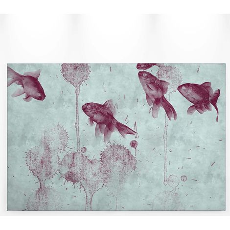 Tableau japonais poisson violet sur fond bleu | Tableau salle de bain animaux bleu & violet | Tableau sur toile déco salon - 0,9 x 0,6 m (1/5)