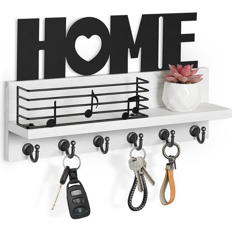 Porte Clef Mural Bois à 6 Crochets - Décoration Boîte à Clés Vintage, Boite a Clefs Murale avec Étagère de Rangement pour Rangement Des Clés et Courrier à L'entrée, Support Clef Mural (Blanc) (1/5)