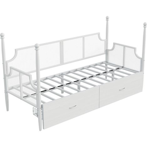 Weiße Metall-Schlafcouch 90x200 cm im Vintage-Stil mit 2 Schubladen (1/5)