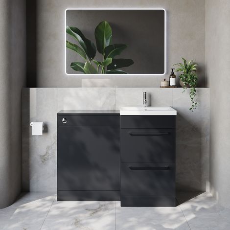 Napoli 390 Cento Gloss Grey 1100mm 2 Drawer Vanity Unit Toilet Suite with Glide Basin - 1100mm - Chrome 320mm HandleWithout Kingston Toilet Pan