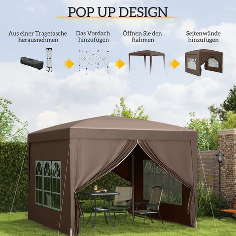 Pavillon 3x3 m avec 4 côtés, fenêtre, toit anti-UV, tonnelle de jardin avec housse de transport, armature en acier, couleur café (1/4)