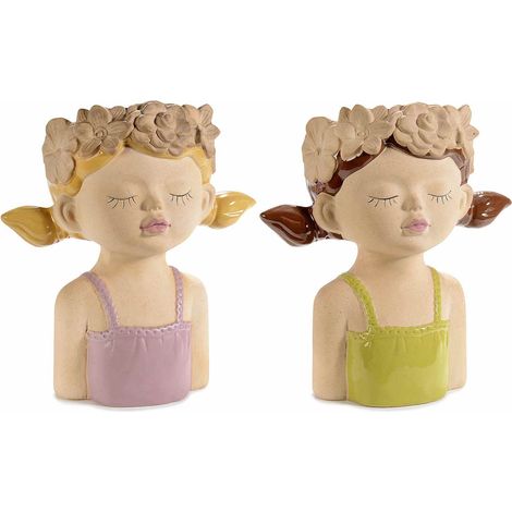 Vasi decorativo in porcellana colorata con volto di ragazza, corona di fiori e codini, set da 2 pezzi, cm 22,5 x 14 x 25 H