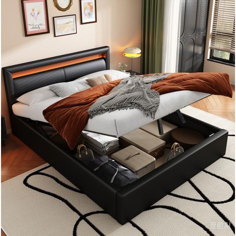 letto contenitore matrimoniale 140x190 LED luce nero HAVRYA (1/5)