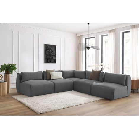 BOBOCHIC - Canapé d'angle fixe modulable JEANNE tissu velours avec 4 chauffeuses et 1 angle Réversible Gris foncé (1/5)