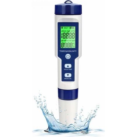 Electronic PH Tester, 5 in 1 Swimming Pool Water Tester with Backlight, PH/TDS/EC/Salinity/Temperature with ATC, High Precision PH Meter with 0.01 Resolution, for Drinking Water, Aquarium, Spas (1/5)