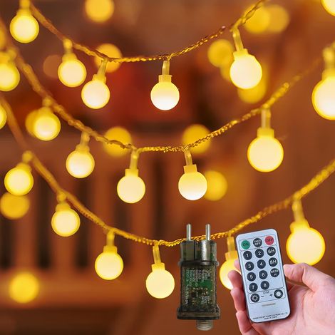 Guirlande Lumineuse LED Boules 15M 100LED Blanc Chaud, Extérieur Intérieur, avec Télécommande, 8 Modes d'Éclairage, Guirlande Étanche avec Prise pour Jardin, Terrasse, Balcon, Fête
