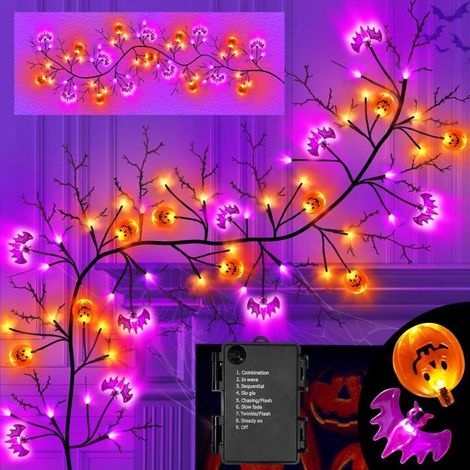 Décorations d'Halloween de 6 pieds avec 54 LED,guirlande de lianes et de brindilles avec 8 modes,lumières violettes et oranges (1/5)