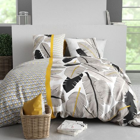 Parure housse de couette 260x240cm + 2 taies motif palmiers noir et jaune 100% coton - AMARANTE (1/4)