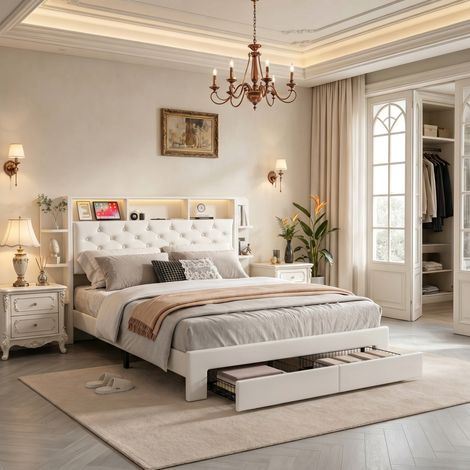 Letto matrimoniale 140x200 cm con cassetti, LED regolabile e USB, letto imbottito in velluto