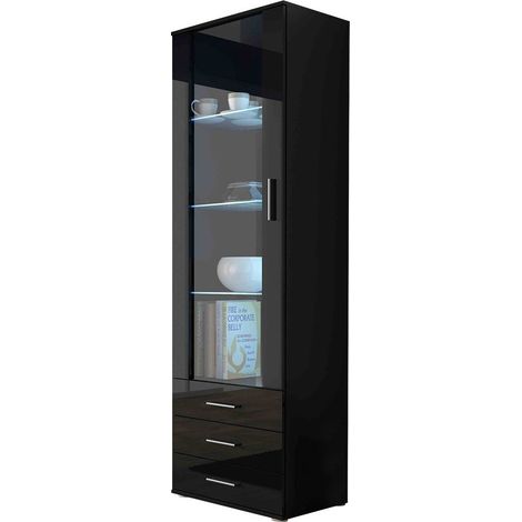 Estantería Tornola 102, Negro + Negro brillante, Con puertas, Cerrable, Con cajones, Vidrio, Aglomerado laminado, Número de puertas: 1, Número de cajones: 3, 192x60x41cm
