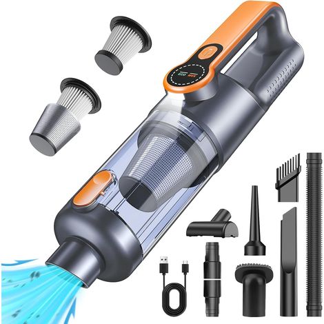 Aspirateur à Main, 26000Pa Aspirateur sans Fil Puissant, Dépoussiérage par Simple Pression, Moteur sans Balais, Fonction 4-en-1 Mini Aspirateur Voiture avec écran HD et Lumière LED, Orange (1/5)