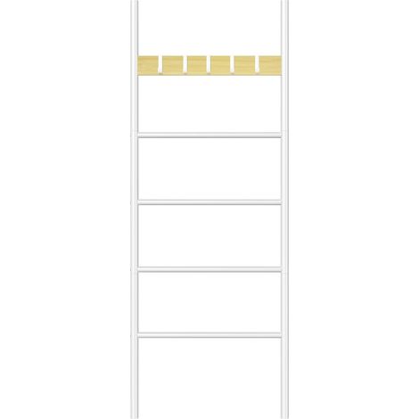 Porte-Serviettes sur Pied, Étagère Échelle, 5 Amovibles Crochets, 60 x 2 x 177 cm, pour Serviette, Couverture, Vêtement, Style Industriel, Gain de Place, Blanc et Couleur Bois (1/5)