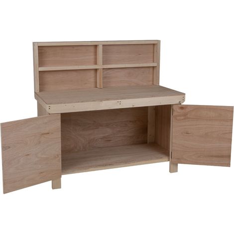 Wooden Eucalyptus hardwood top workbench with lockable cupboard (V.9) (H-90cm, D-70cm, L-120cm) with back panel (1/5)