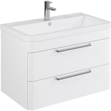 Balterley Calwich Contemporary Bathroom Wall Hung Vanity Unit with 2 Soft Close Drawers & 1 Tap Hole Ceramic Basin, Gloss White, 800mm (1/4)