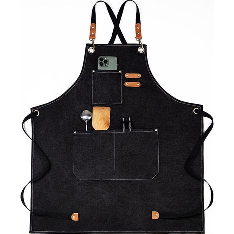 Tablier de travail imperméable, respirant, ajustable, épais, unisexe, avec poches, pour la cuisine, le barbecue et le jardinage, noir (1/5)