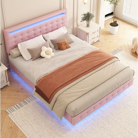 lit adulte couchage LED 140x200 tête réglable rose HAVRYA (1/5)
