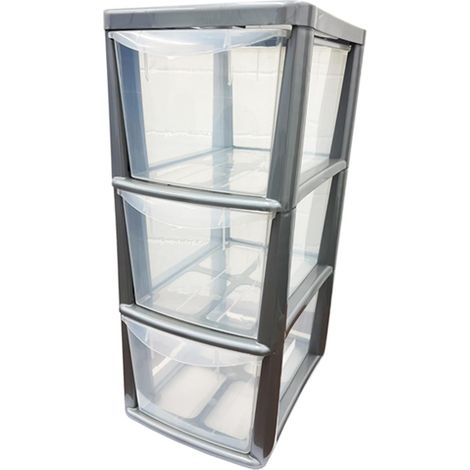 1 x 3 Silver Drawer Storage Tower Units With Clear Spacious Drawers