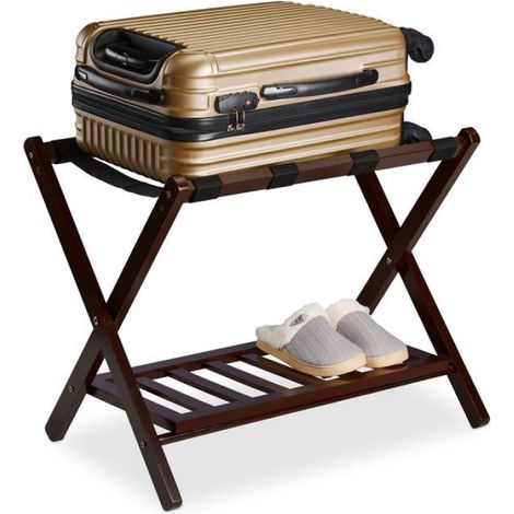 Porte-Valise - Bois - 54,5 x 66 x 44,5 cm - 2 Étagères - Pliable - 30 kg - Pour Maison Hôtel Voyage (1/5)