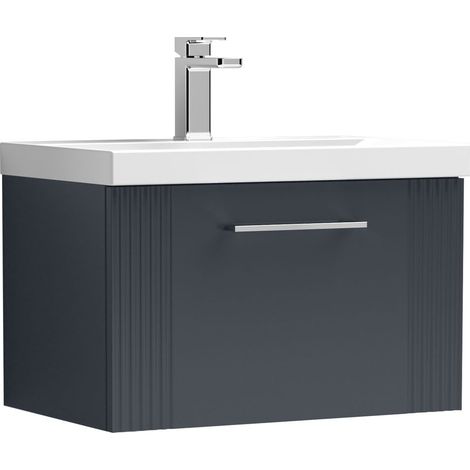 Belvide Partial Fluted 1 Drawer Wall Hung Vanity Unit with Mid-Edge 1 Tap Hole Ceramic Basin - 600mm - Satin Dark Grey (1/4)