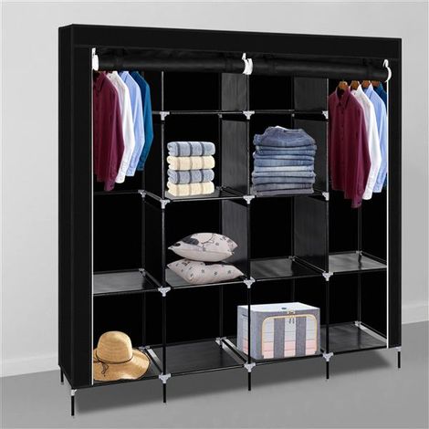 Armoire à vêtements Armoire de rangement portable pour vêtements 12 étagères 4 poches latérales, Noir (1/5)