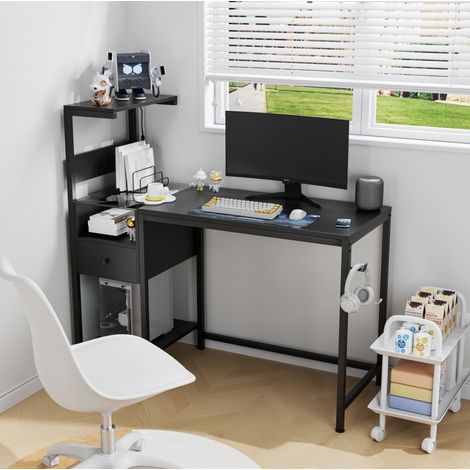 Escritorio de MDF y metal 121,9 x 50,8 x 110,5 cm negro con estantes reversibles, cajón, LED y puertos USB (1/5)