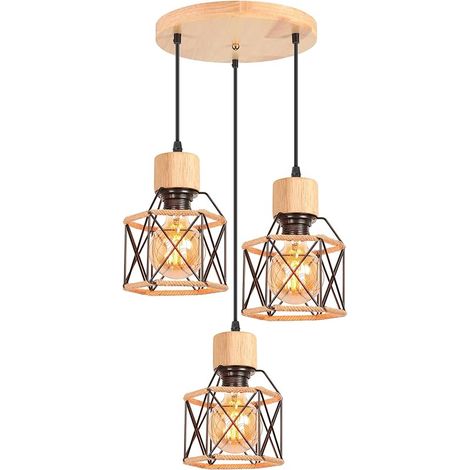 3 Lampes Suspension Luminaire Vintage Lustre Plafonnier Industriel Bois Lampe de Plafond Abat-jour Design Cage avec Corde de Chanvre E27 Éclairage Plafond pour Salon Chambre Cuisine (Cercle) (1/5)