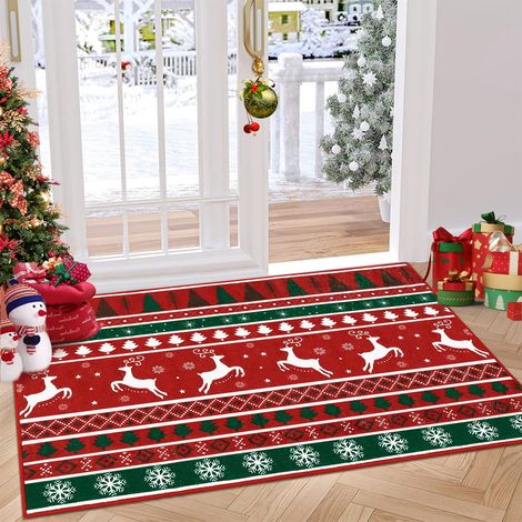 Tapis de Noël 120x170cm lavable, antidérapant, motif rennes et flocons (1/5)