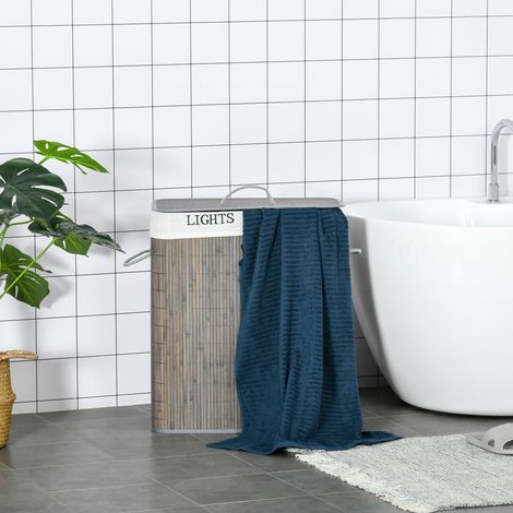 REDOM Panier à linge 52x32x63cm 100 L deux compartiments housse amovible lavable bambou gris (1/5)