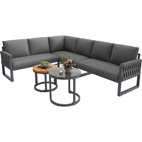 Salon de jardin modulable 5 à 6 places en tissu Olefin gris, avec coussins déperlants, pieds réglables et 2 tables, pour balcon, terrasse et jardin  CHICFURN (1/5)